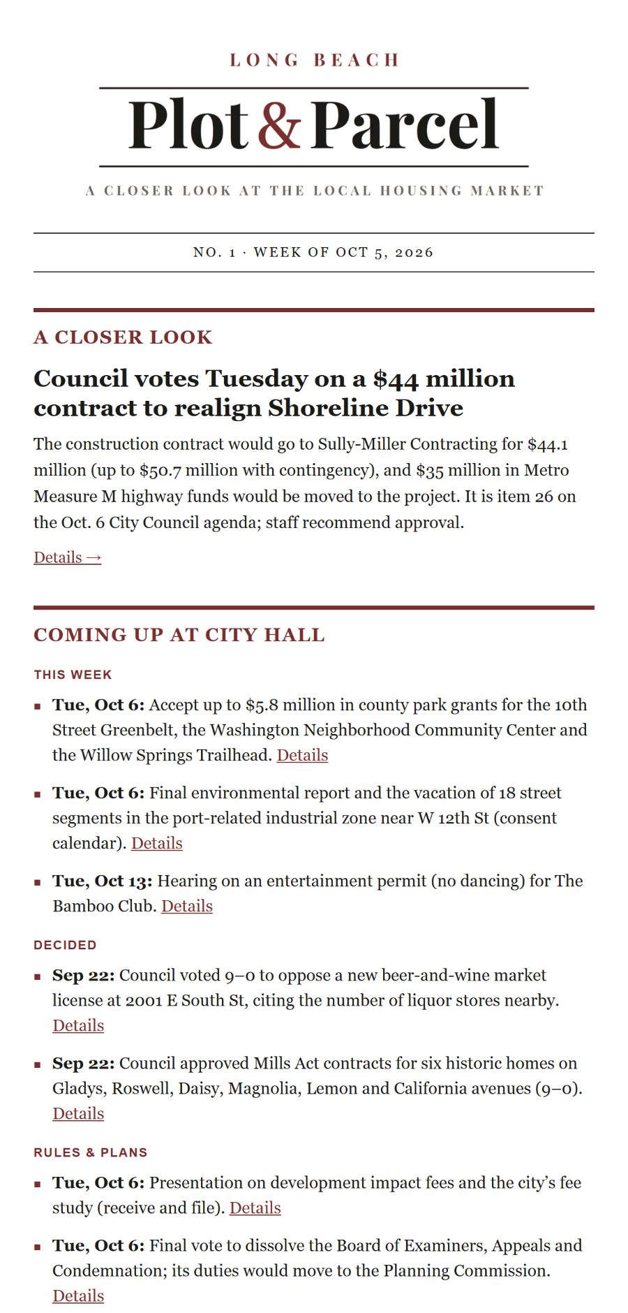 Preview of a sample issue: the Plot & Parcel masthead, a lead story on a Shoreline Drive contract, and the City Hall section